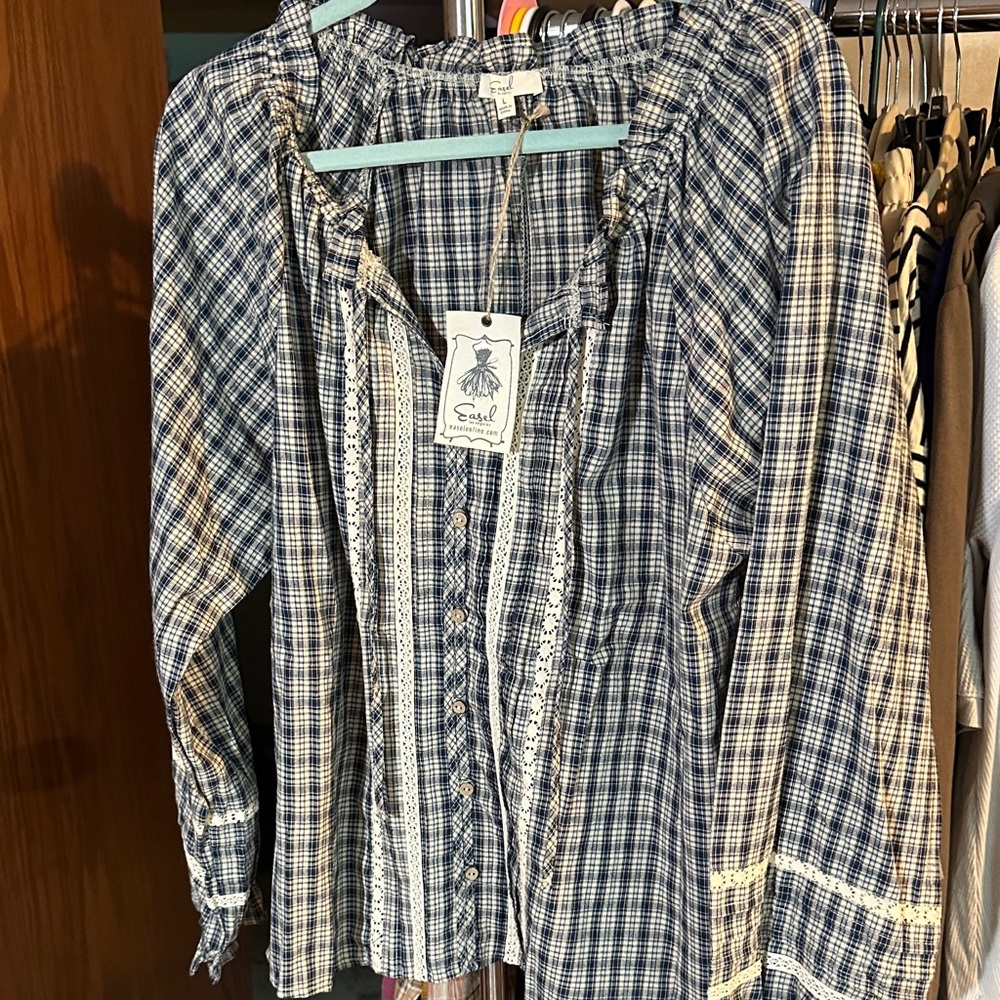 Easel Blue Plaid Button-Front Peasant Top